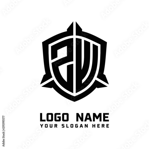 initial ZW letter with shield style logo template vector. shield shape black monogram logo
