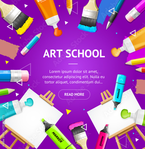 Art School Concept Banner Card with Realistic 3d Detailed Elements. Vector