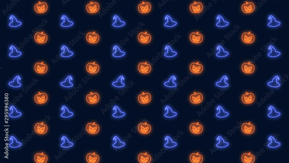 Halloween Pumpkin and Witch Hat in Neon Orange and Blue Tiled Looping Motion Graphics Halloween Pumpkin and Witch Hat in Neon Orange and Blue Tiled Looping Motion Graphics