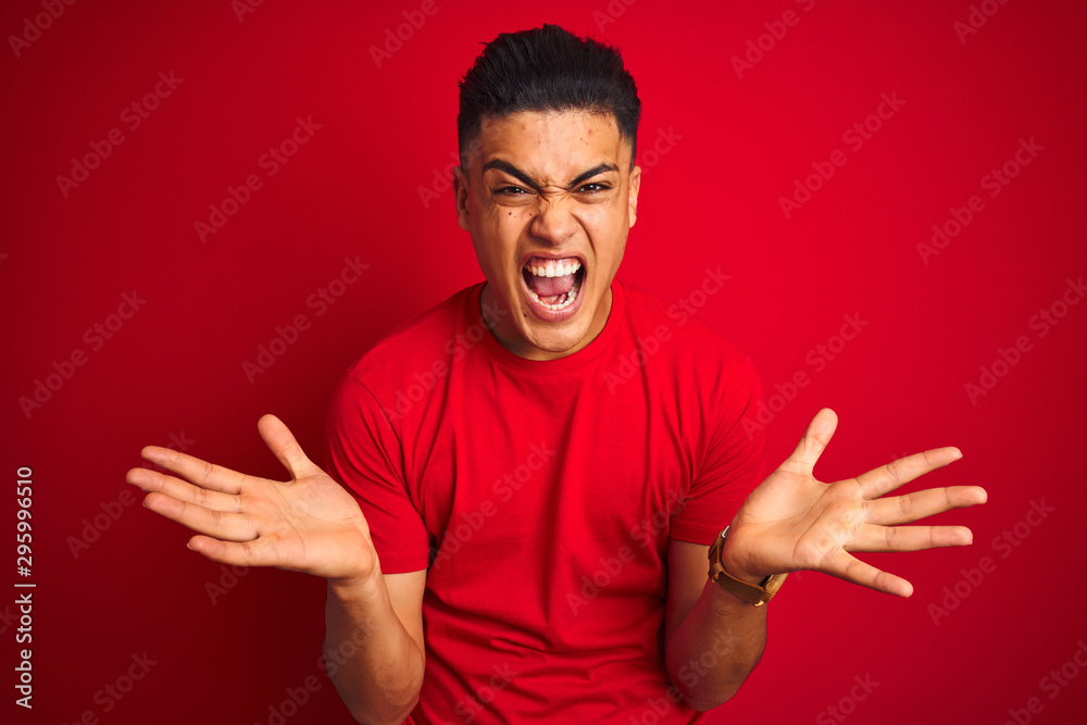 Naklejka premium Young brazilian man wearing t-shirt standing over isolated red background celebrating crazy and amazed for success with arms raised and open eyes screaming excited. Winner concept