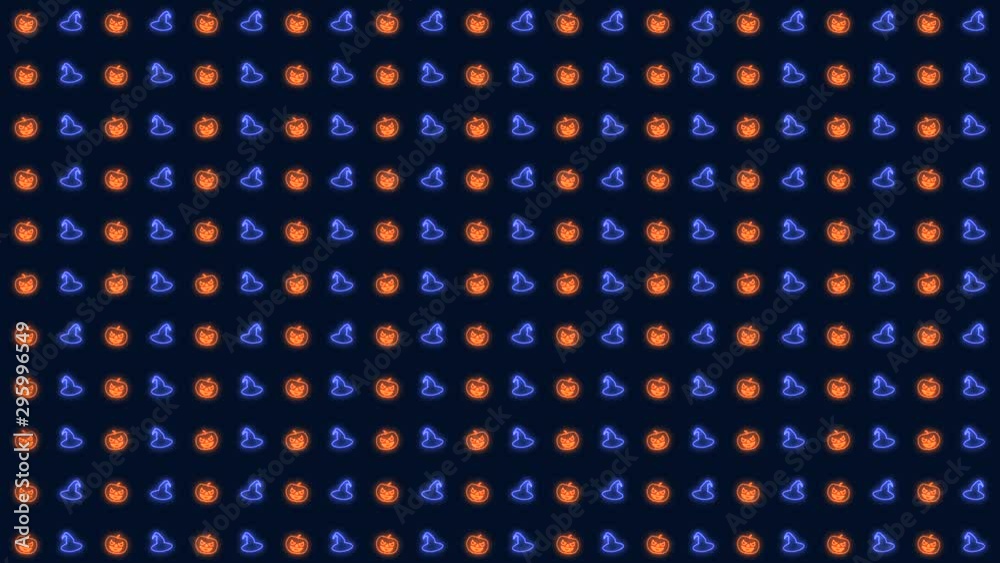 Halloween Pumpkin and Witch Hat in Neon Orange and Blue Tiled Looping Motion Graphics Halloween Pumpkin and Witch Hat in Neon Orange and Blue Tiled Looping Motion Graphics