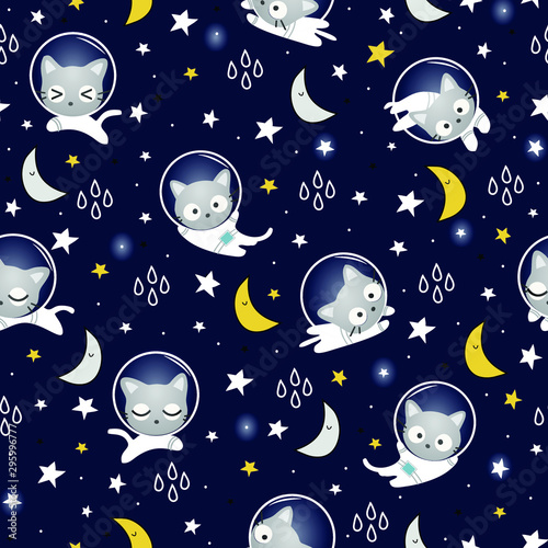 Seamless Pattern Kawaii Cute Cat Astronaut in Space, Cartoon Animals Background, Vector Illustration.  Design for kids