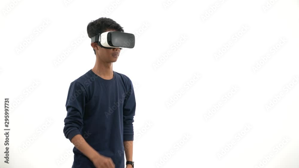 young man wearing navy shirt with glasses of virtual reality. Future technology concept young man wearing navy shirt with glasses of virtual reality. Future technology concept