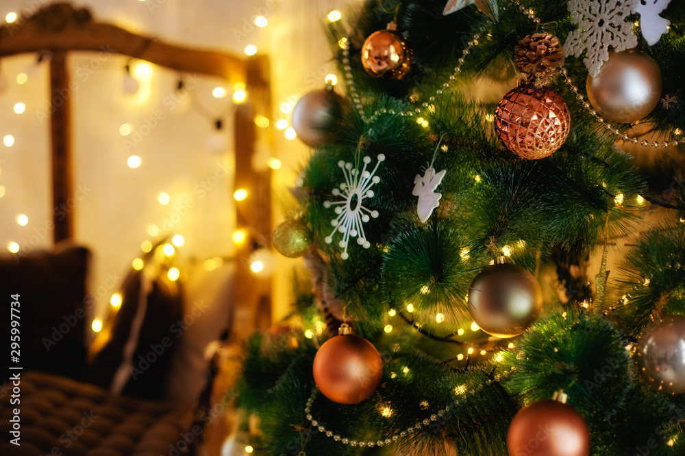 Christmas tree with lights decoration brown balls