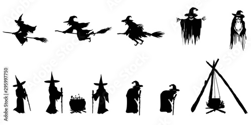 Set of silhouette witch on white background. Halloween concept.