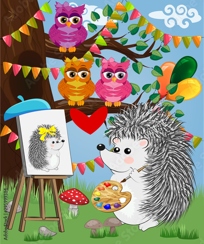 A hedgehog artist in love draws on an easel amidst a forest glade, owls are watched from a branch. Profession, vocation, hobby, art