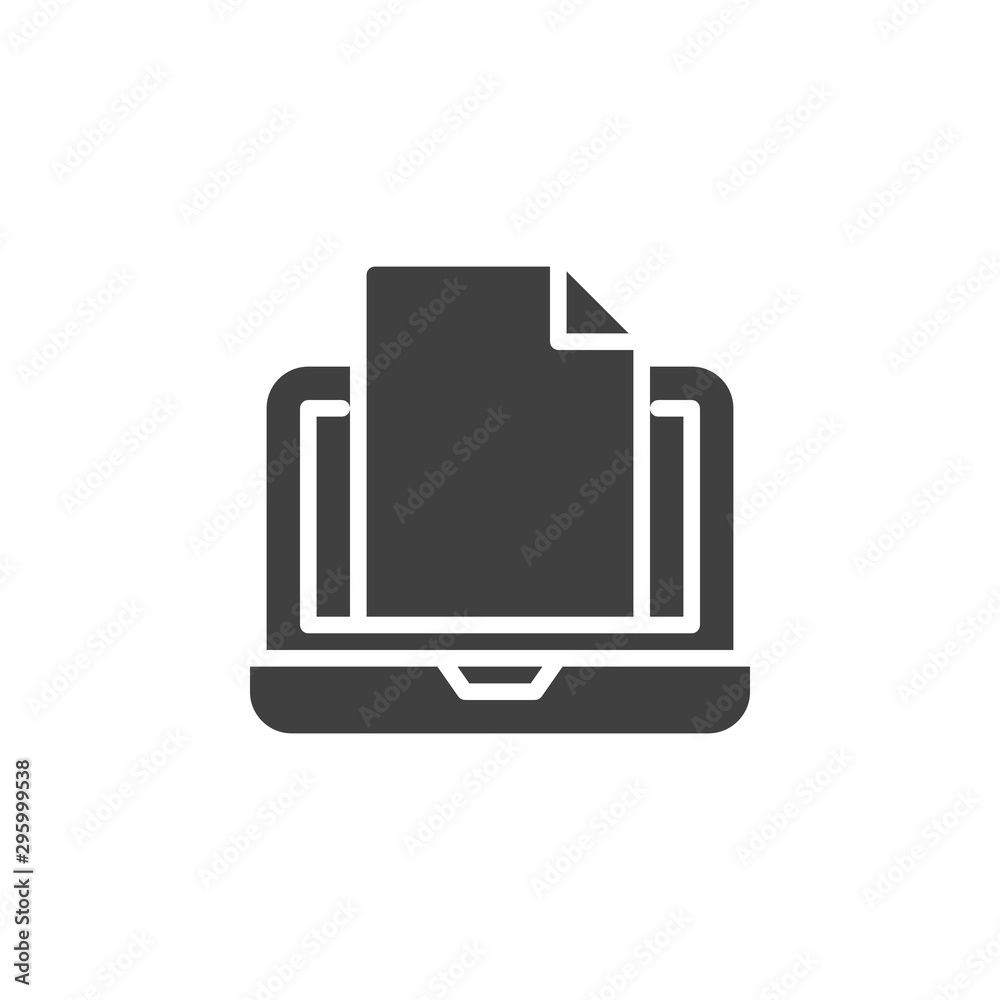 E-learning document file vector icon. filled flat sign for mobile concept and web design. Laptop with file glyph icon. Symbol, logo illustration. Vector graphics E-learning document file vector icon. filled flat sign for mobile concept and web design. Laptop with file glyph icon. Symbol, logo illustration. Vector graphics