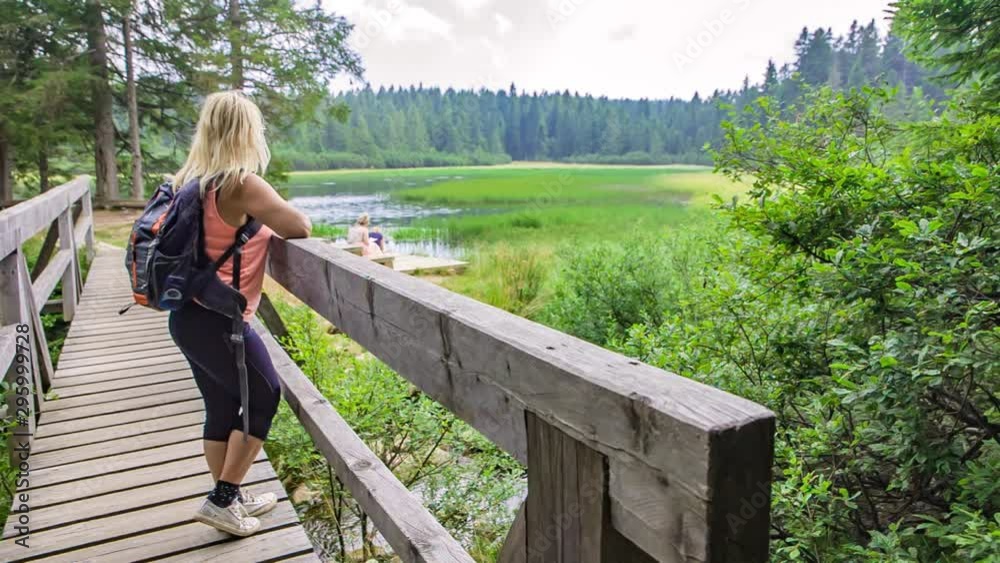 A blonde white backpacker woman watching the breathtaking view of the vast area of Black lake,Pohorje hills,Slovenia from a wooden bridge. A blonde white backpacker woman watching the breathtaking view of the vast area of Black lake,Pohorje hills,Slovenia from a wooden bridge.