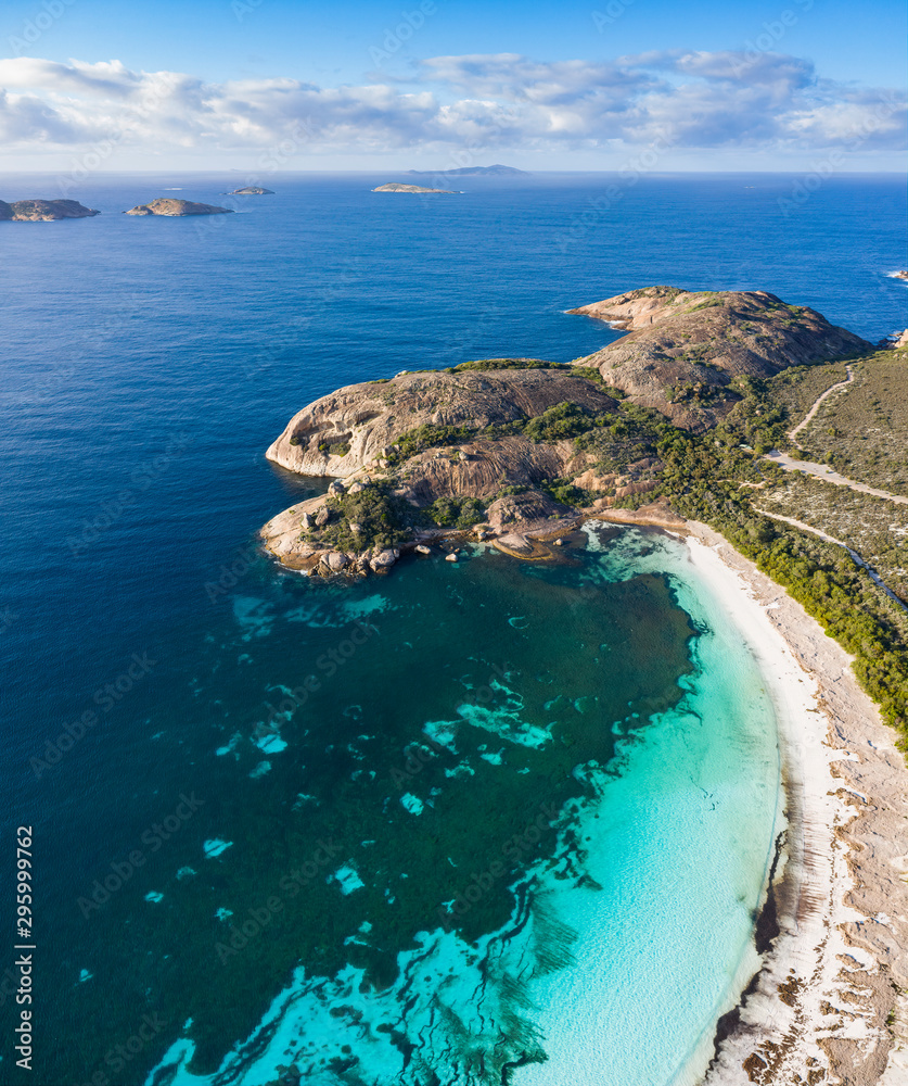 Aerial panoramic view of the beach and rock outcrop at Lucky Bay near Esperance in Western Australia