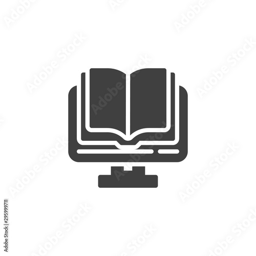 e-book reading vector icon. E-learning filled flat sign for mobile concept and web design. Computer with a book glyph icon. Symbol, logo illustration. Vector graphics