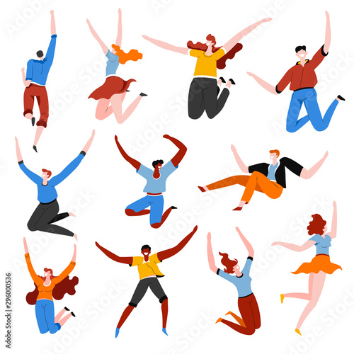 Characters jumping, happy feeling and success, party or sport