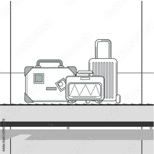 Travel bag, case or suitcase on line in airport, baggage or luggage
