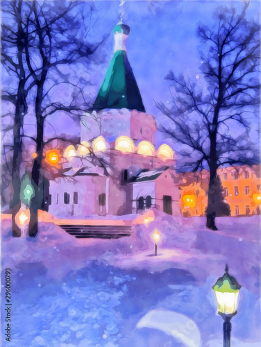 Watercolor landscape. Church in the winter. © svrid79