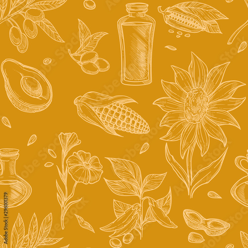 Plants or grains, oil ingredients, corn and sunflower seamless pattern