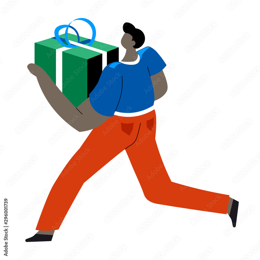 Gift box, man holding present, isolated character Gift box, man holding present, isolated character