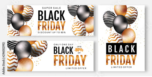 Black Friday Sale.Banners Set. Flying Glossy Balloons and confetti on white Background.  photo