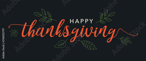 Happy Thanksgiving Calligraphy Text with Illustrated Leaves Over Dark Gray Background, Horizontal Vector