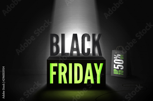 Black friday 50 percent offer vector banner template. Realistic shopping bag with price reduction inscription. Poster design with green neon light discount offer on 3d cube under limelight