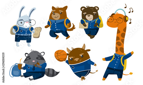 Different cute humanized animals in school uniform. Vector illustration.