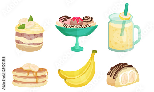 Set of banana desserts and drinks. Vector illustration.