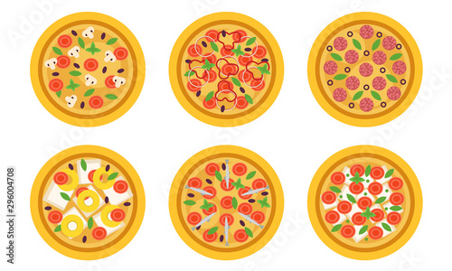 Set of pizza with different toppings. Vector illustration.