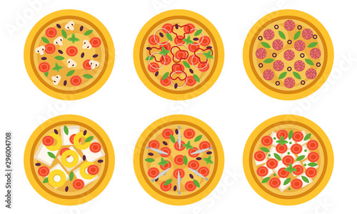 Set of pizza with different toppings. Vector illustration.