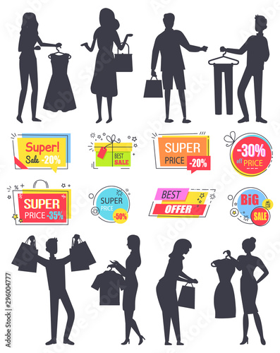 People shopping in store silhouette vector, isolated banners and character with bags and purchased products. Super sale on Black friday, discount and promotion set. Business sale stikers. Flat cartoon