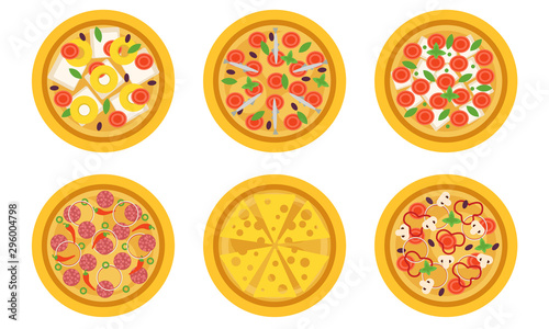 Set of whole pizza with different toppings. Vector illustration.