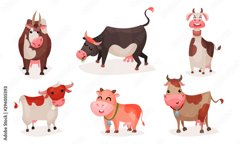 Fototapeta premium Set of cute cartoon cows. Vector illustration.