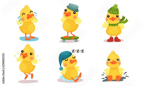 Little cartoon yellow humanized duckling. Vector illustration.