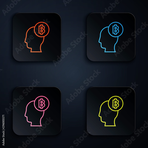 Color neon line Bitcoin think icon on white background. Cryptocurrency head. Blockchain technology, digital money market, cryptocoin wallet. Set icons in colorful square buttons. Vector Illustration