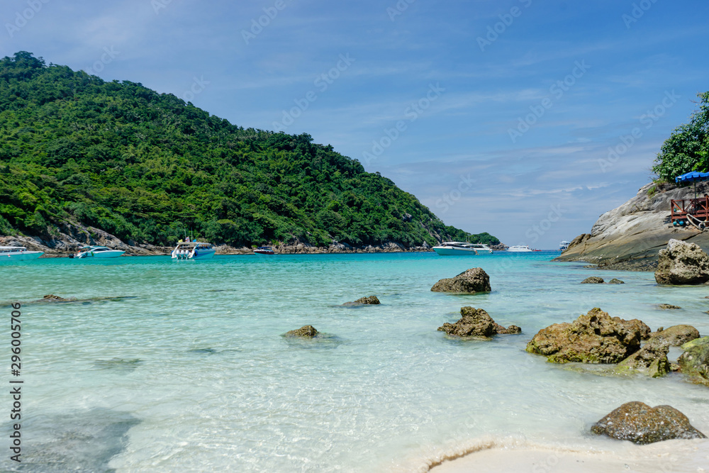 View of tropical island beach with clear water, Coral Island, Koh Hey, Phuket, Thailand