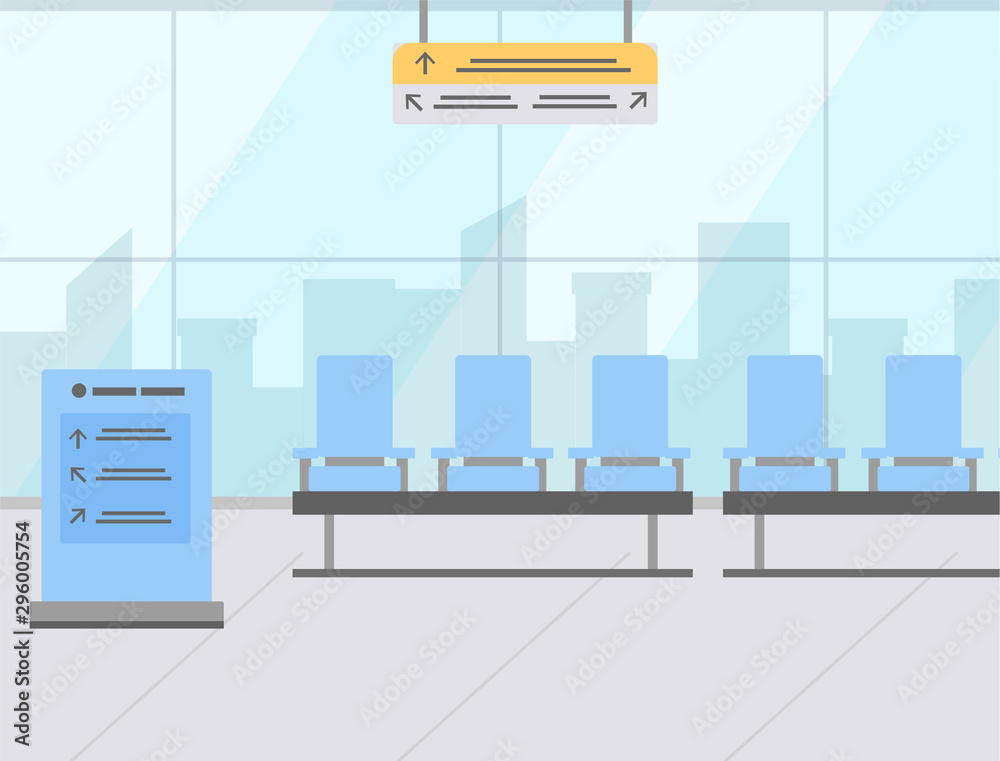 Blue airport seats in waiting area and wayfinding signage flat design. Panoramic windows view. Hall departure lounge modern terminal concept. Vector illustration in flat cartoon style