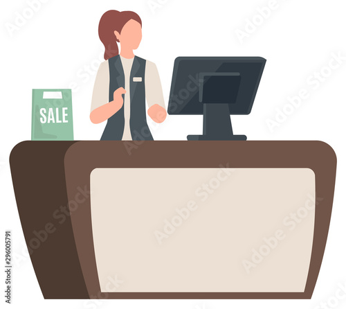 Cashier at shop, isolated character working in store. Desk counter with computer and sale sign. Shopping and paying for purchased products. Vector illustration in flat cartoon style