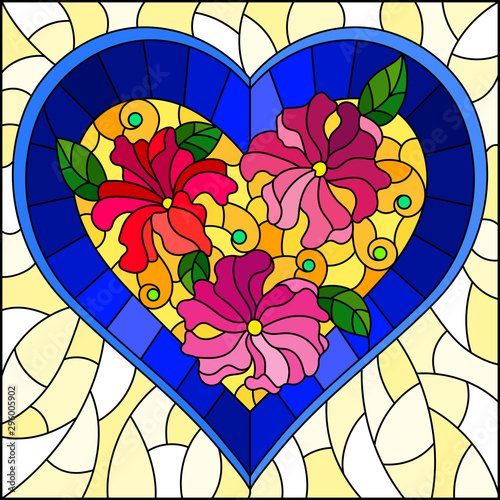 Illustration in stained glass style with bright blue heart and pink flowers on yellow background
