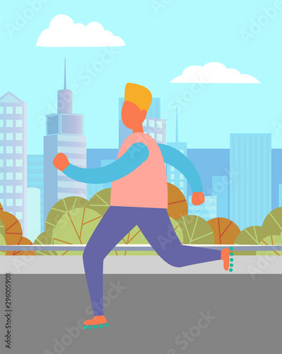 Person rollerblading in city, man or woman character rollerskating near skyscrapers. Children activity on street, urban leisure, kid skating outdoor. Vector illustration in flat cartoon style