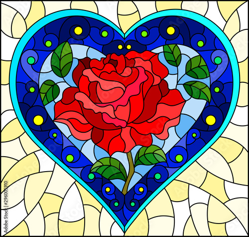 Illustration in stained glass style with bright blue heart and red rose flower on yellow background