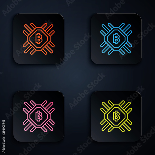 Color neon line CPU mining farm icon on white background. Bitcoin sign inside processor. Cryptocurrency mining community. Digital money. Set icons in colorful square buttons. Vector Illustration