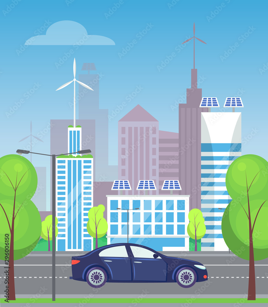 City street, road with trees and greenery. Car riding along skyscrapers and buildings, contemporary megapolis skyline, cityscape infrastructure. Vector illustration in flat cartoon style
