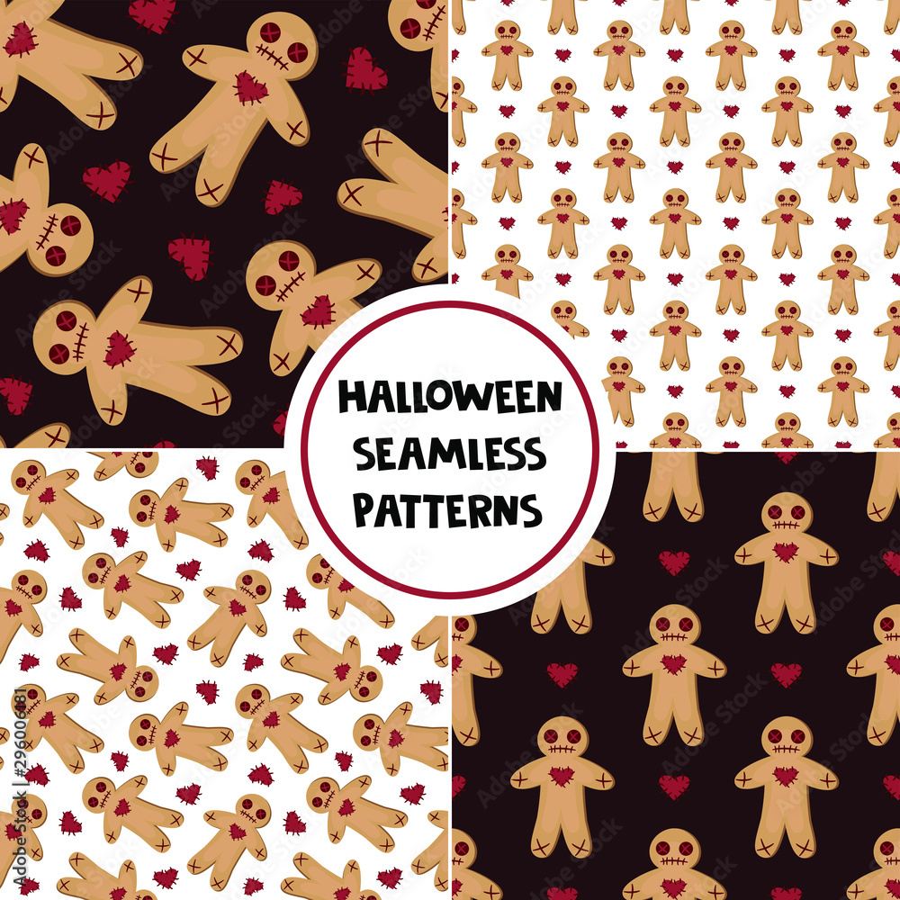 Set of seamless patterns with voodoo dolls. Halloween backgrounds for greeting card, gift box, wallpaper, fabric, web design. Set of seamless patterns with voodoo dolls. Halloween backgrounds for greeting card, gift box, wallpaper, fabric, web design.