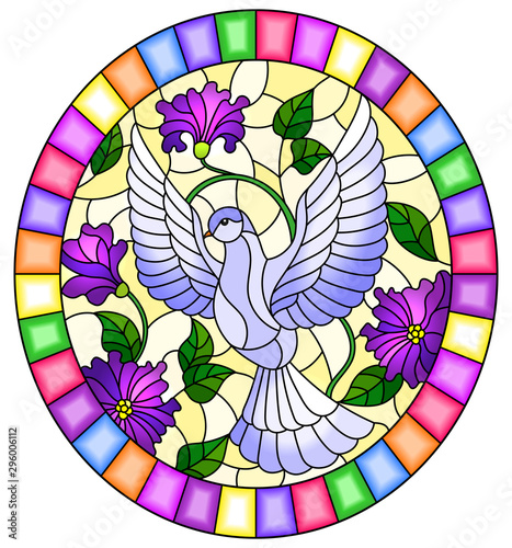 Illustration in stained glass style with flying white dove on  background of purle flowers , oval picture in bright frame