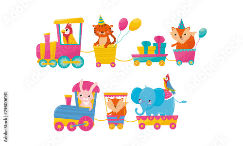 Fototapeta Naklejka Na Ścianę i Meble -  Funny Cartoon Animal Ride In Train Vector Illustration