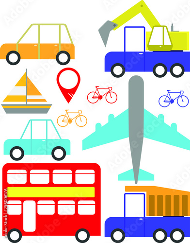 Cute miniatures depicting urban transport, airplane, sailboat.