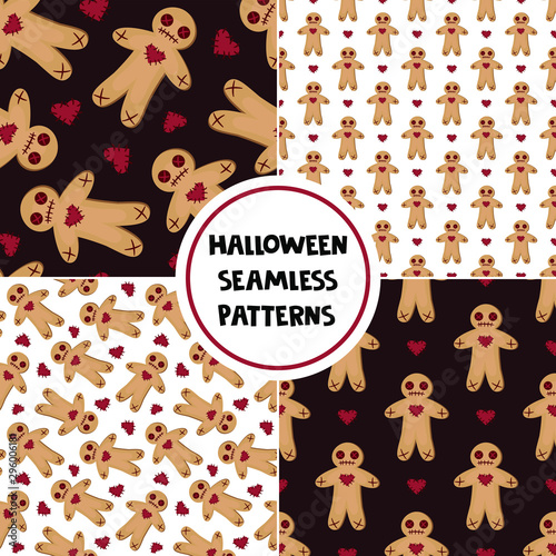 Set of seamless patterns with voodoo dolls. Halloween backgrounds for greeting card, gift box, wallpaper, fabric, web design.