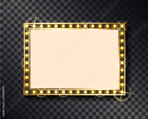 Rectangular glittering frame with neon light bulbs isolated on transparent background. Vector right-angled sparkling border, empty banner with place for text