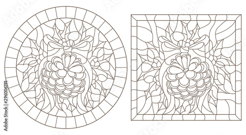 Set of contour illustrations in stained glass style for the New year and Christmas,pine cone, Holly branches and ribbons in the frame, round and square image