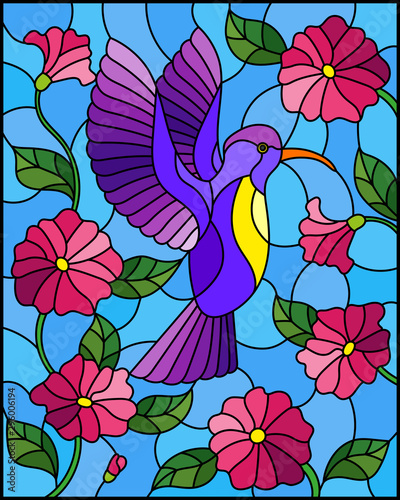 Illustration in stained glass style with a branch of pink flowers and bright purple bird Hummingbird on a blue background