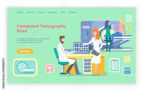 CT Computed tomography vector, clinic with new devices for diagnostics of sickness and diseases. hospital with doctor and nurse scanning patient. Website or webpage template, landing page flat style