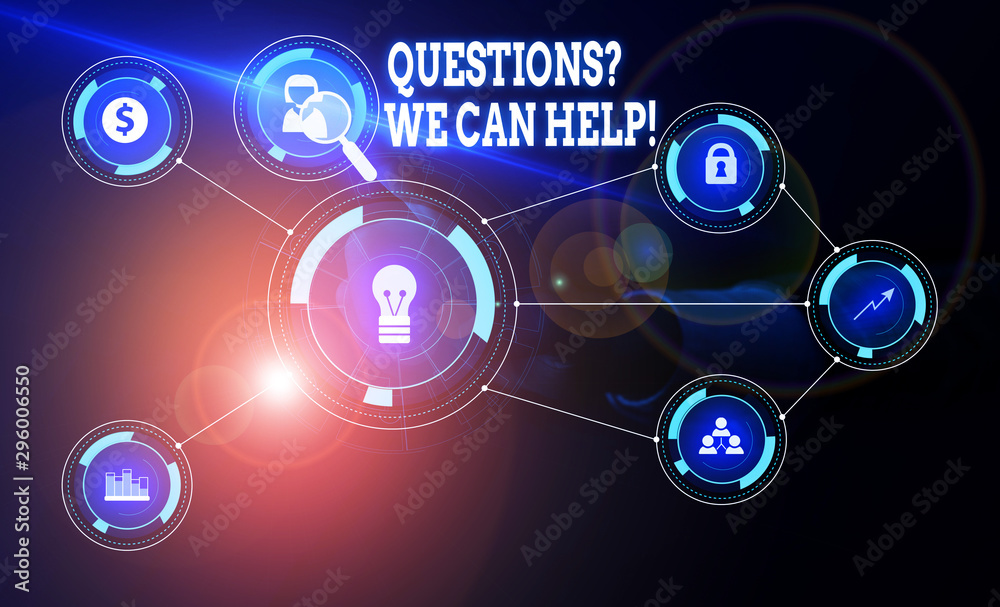 Conceptual hand writing showing Questionsquestion We Can Help. Concept meaning offering help to those who wants to know Woman wear work suit presenting presentation smart device Conceptual hand writing showing Questionsquestion We Can Help. Concept meaning offering help to those who wants to know Woman wear work suit presenting presentation smart device