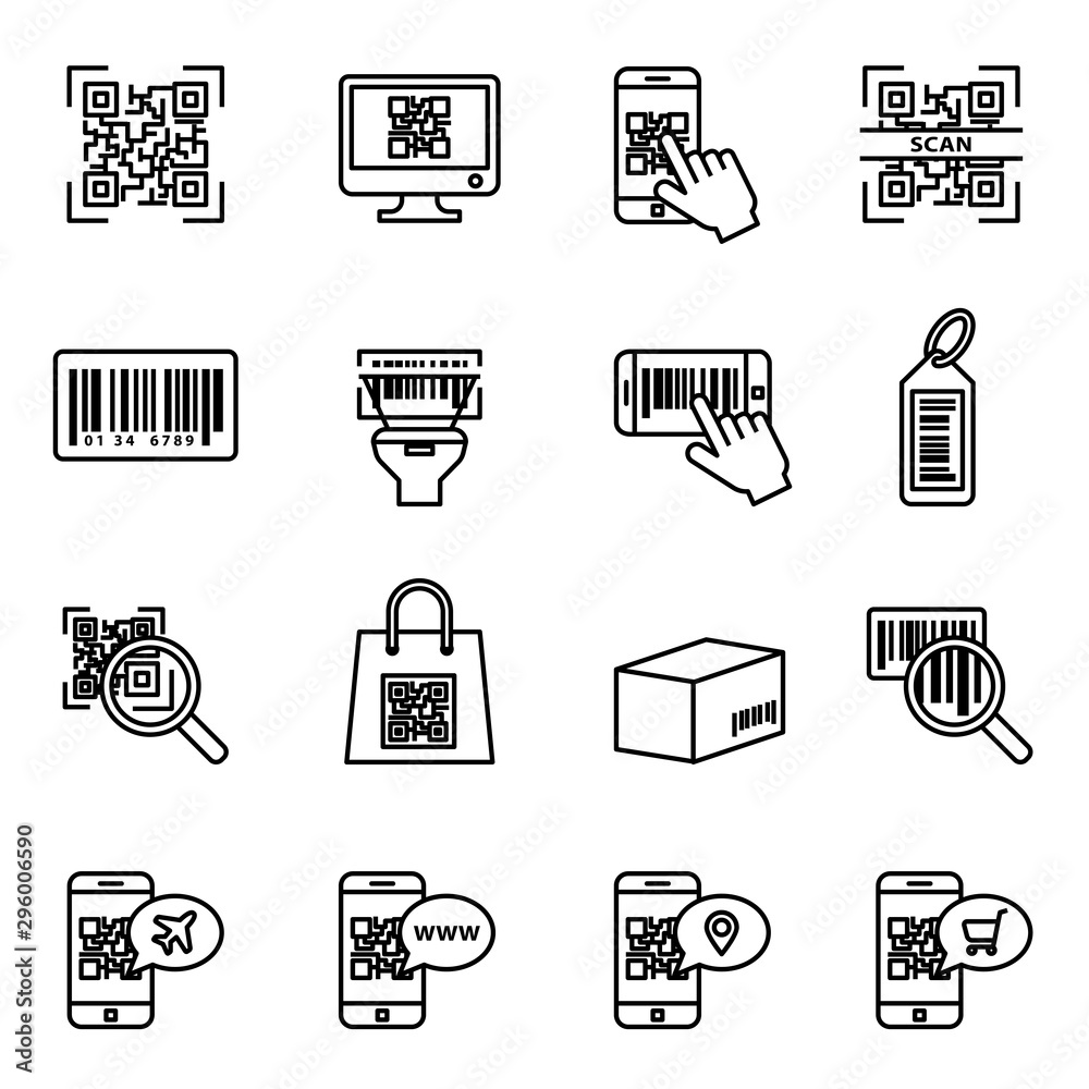 Bar and qr code scanning icon set. Computer product examination using a  scanner, price information. Thin Line Style stock vector. vector de Stock |  Adobe Stock
